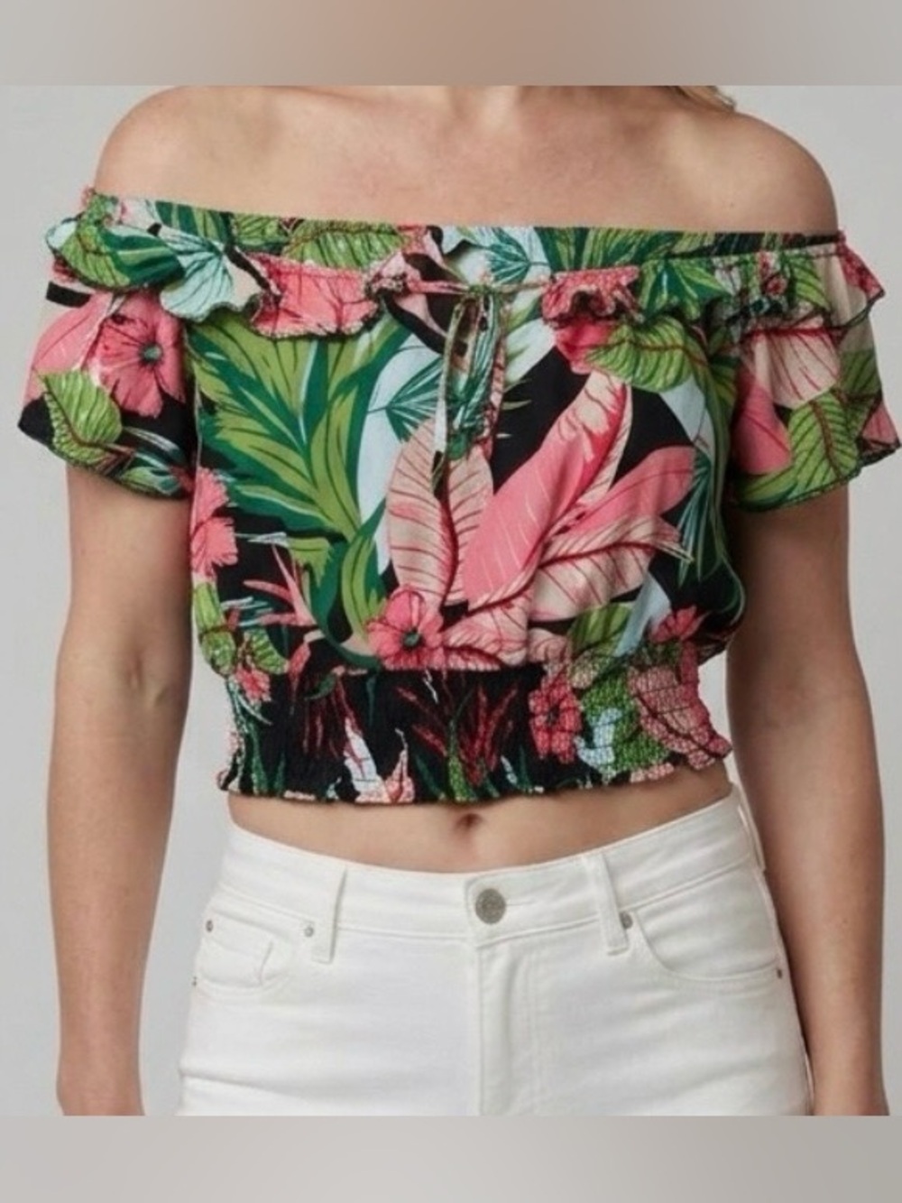 ❤️5 FOR $25❤️ Delicious Y2K Tropical Off Shoulder Crop Top Black Pink Size M